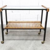 1960s serving cart, hi-fi cabinet on casters, teak, black metal, glass