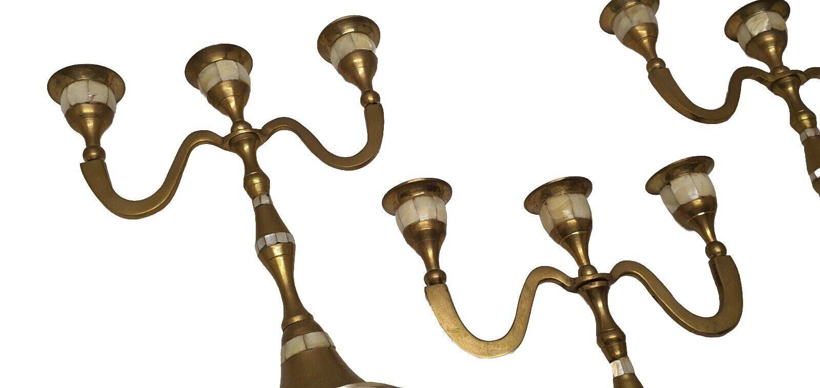 Set of 3-light brass candlesticks with mother-of-pearl intrusion