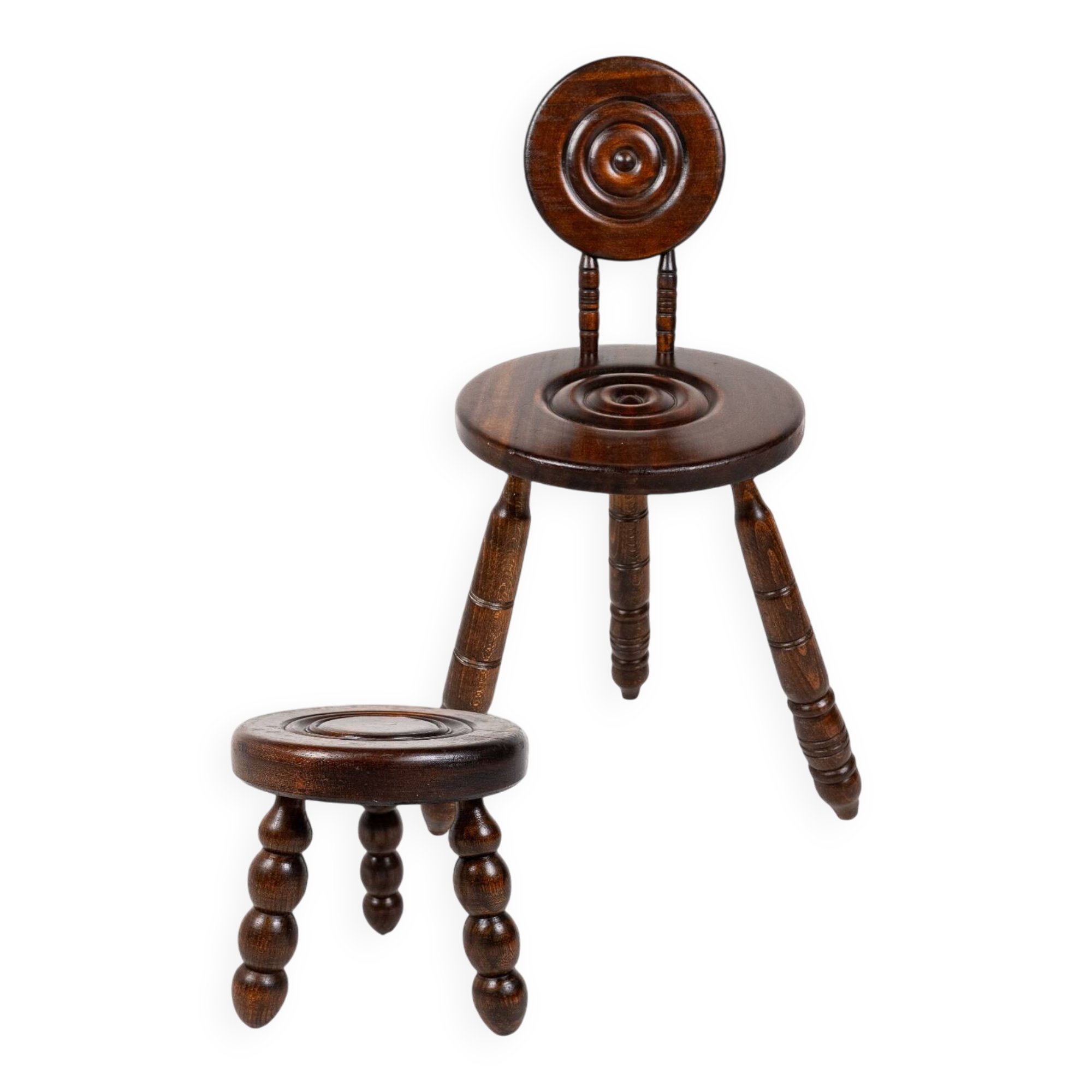 Low chair and turned wooden stool, Dudouyt style, France, 1940s