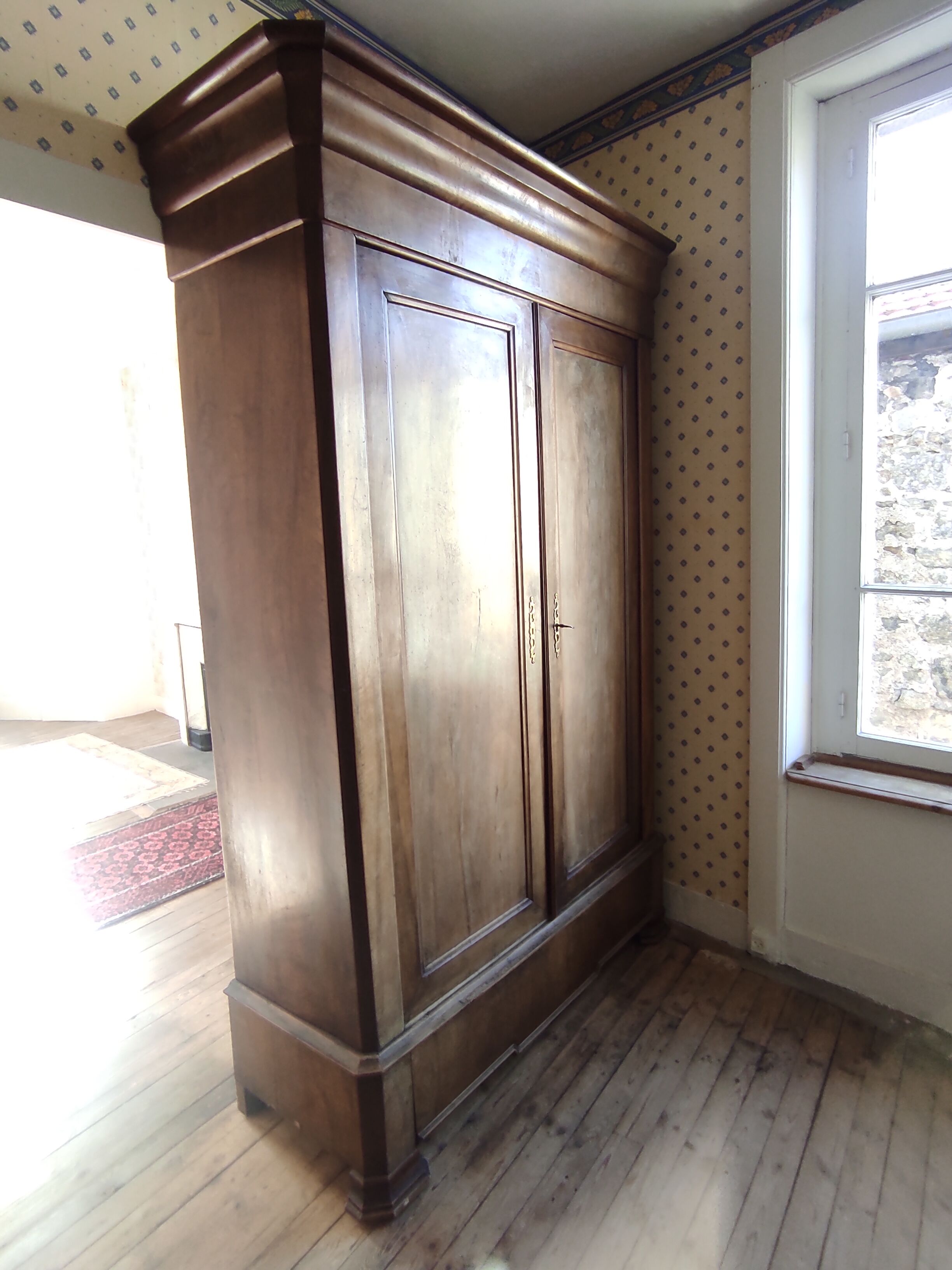 Old wardrobe Louis Philippe 2 doors 19th century 1 drawer shelves