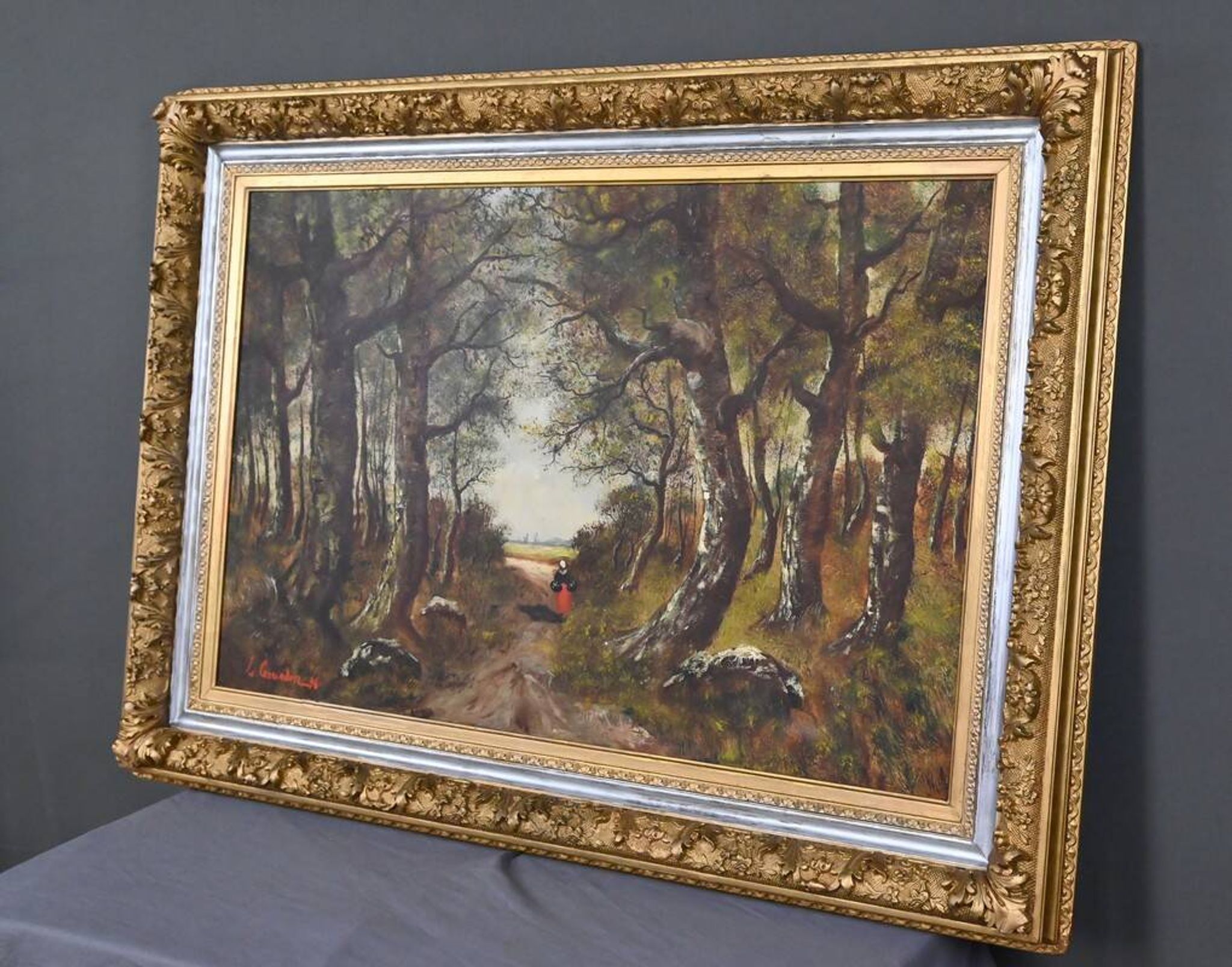 Important painting "Stroll in the Underwood", oil on canvas, signed L. Gourdon – 1896