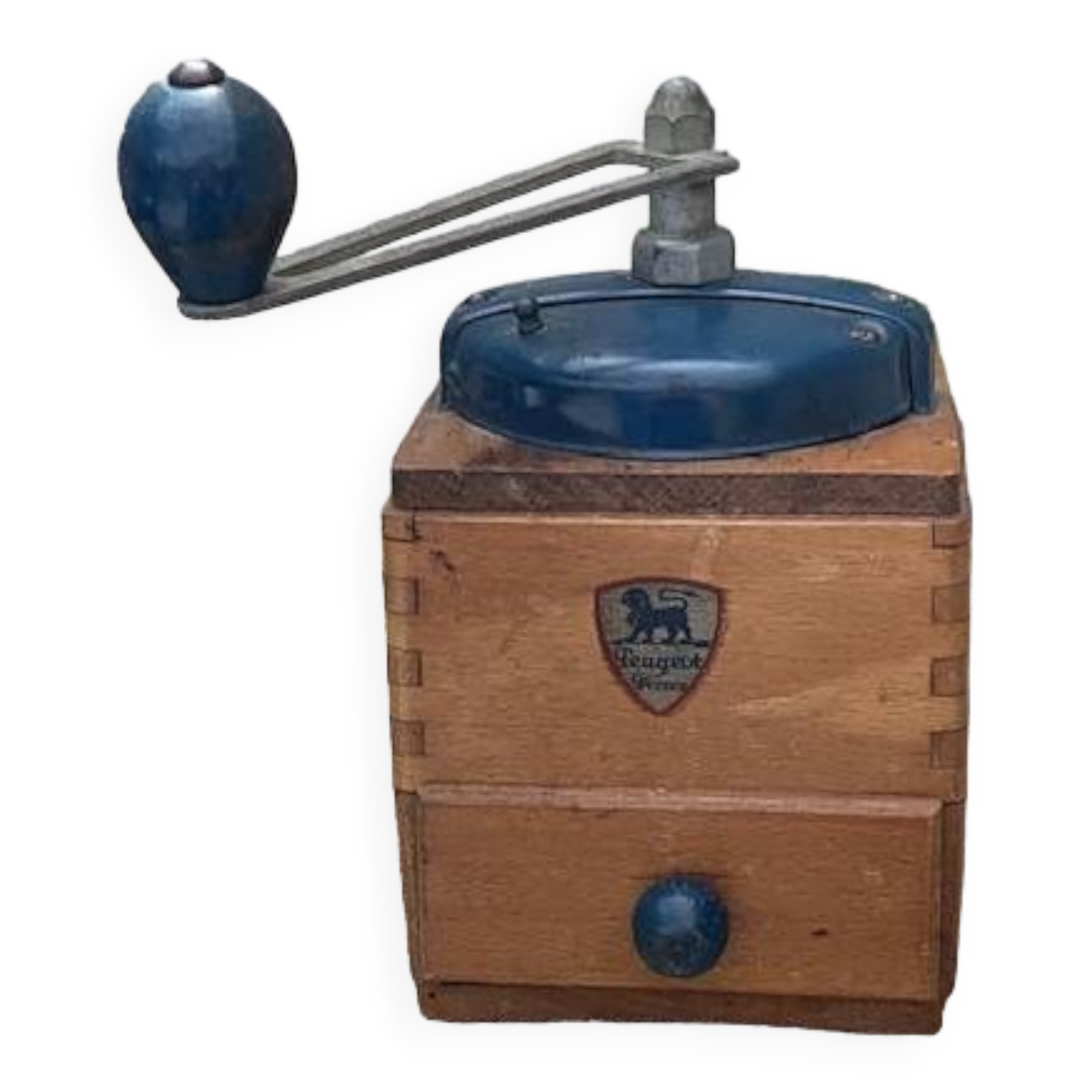 Peugeot Freres coffee grinder in wood and vintage blue metal