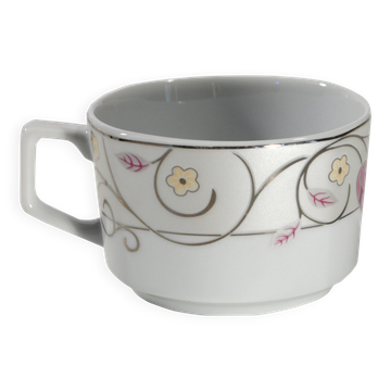 Tasse fleurie rose et argent, marque La rose des sables