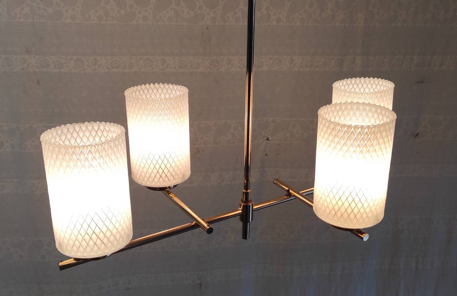 Modernist chandelier 4 lights in golden brass - 50s/60s