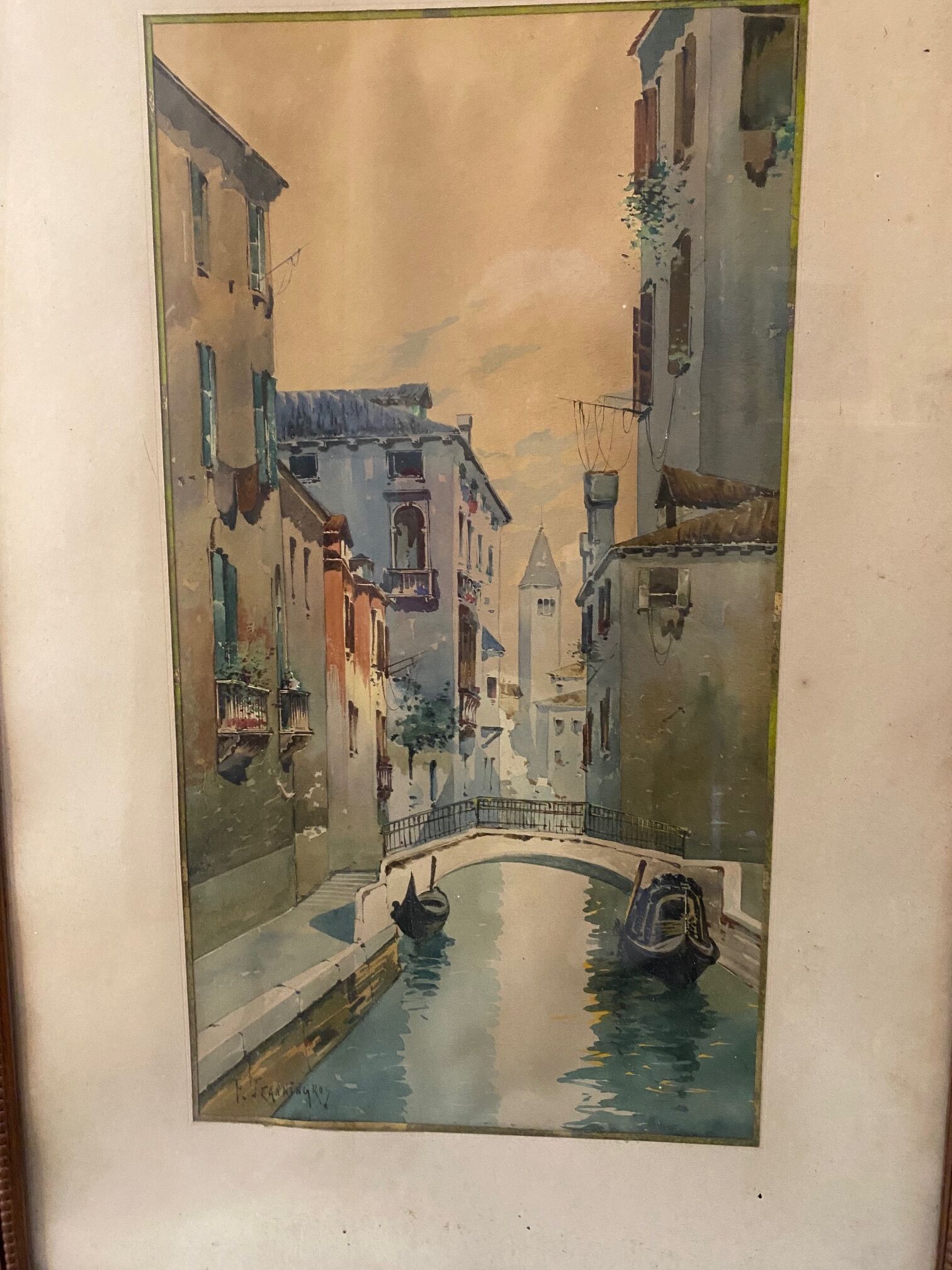 Watercolor signed f. jeannin gros - rialto in venice framed and under glass early twentieth century