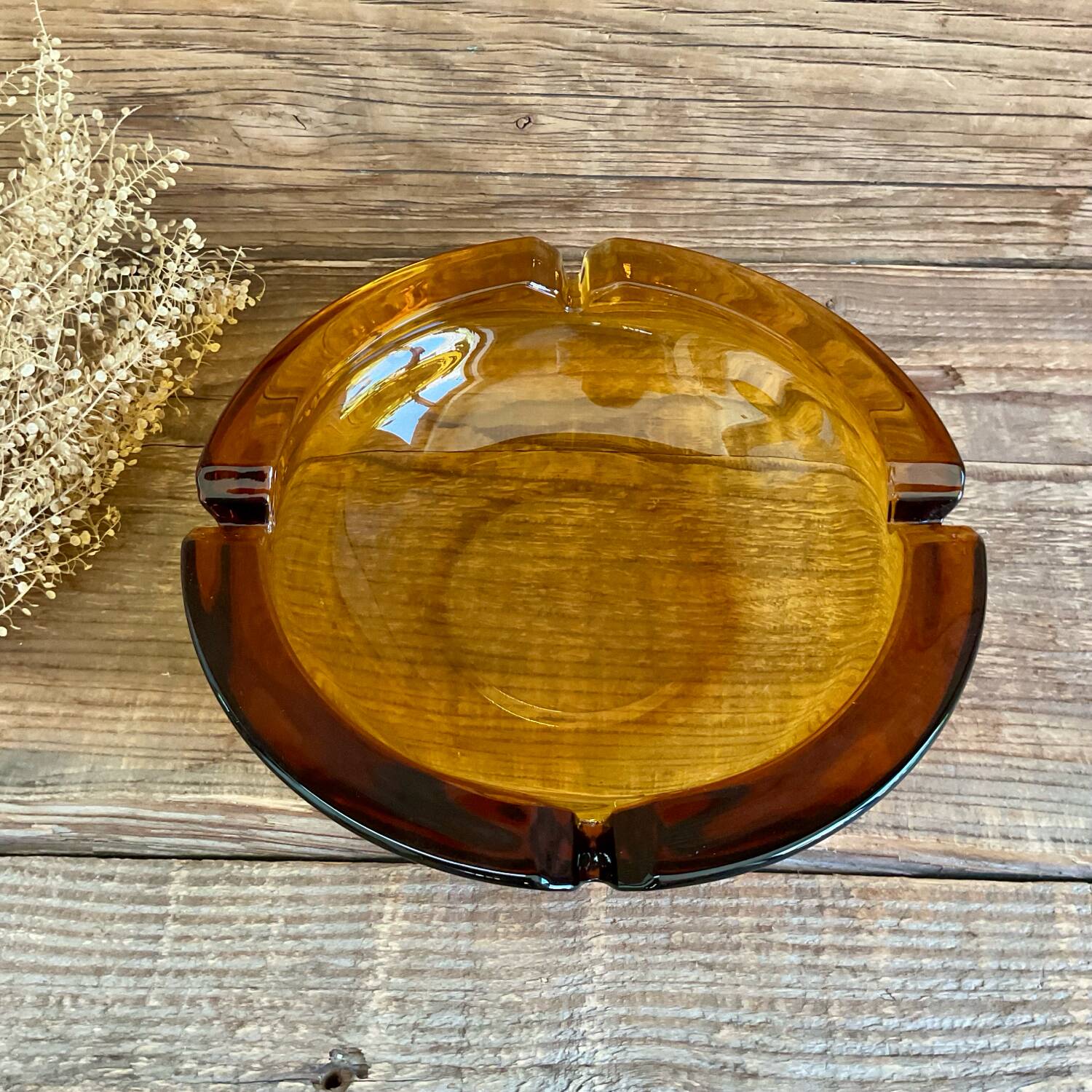 Amber vintage glass ashtray tray