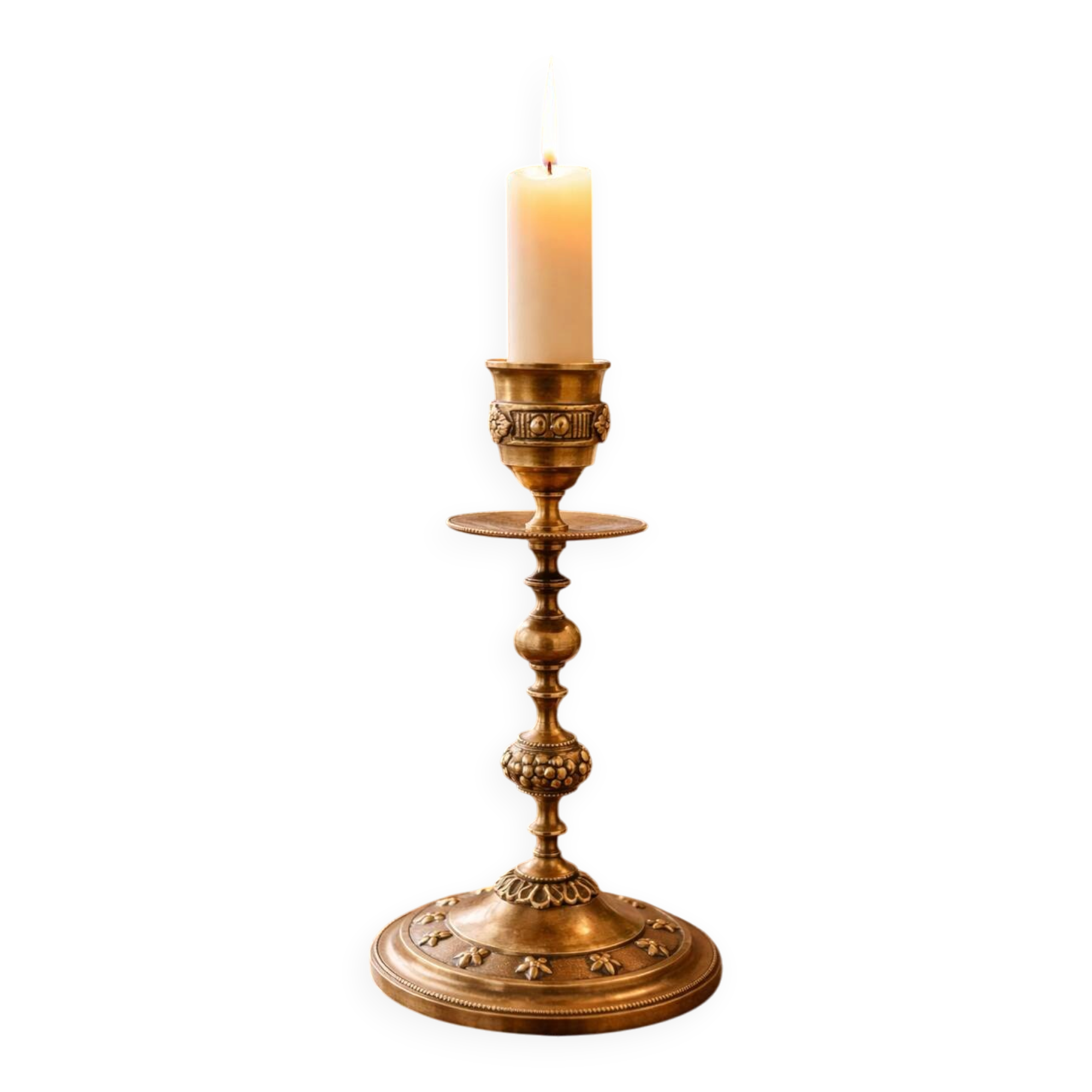 Bougeoir vintage en laiton doré – décor floral – très bon état