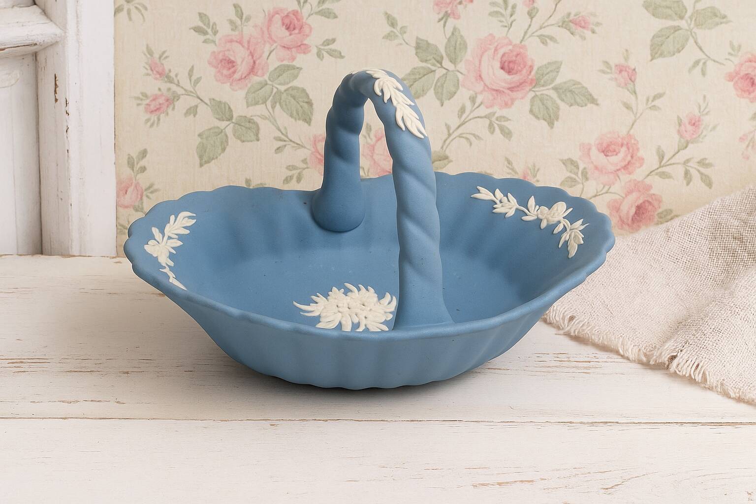 Blue Wedgwood Jasperware basket – English porcelain with relief decoration
