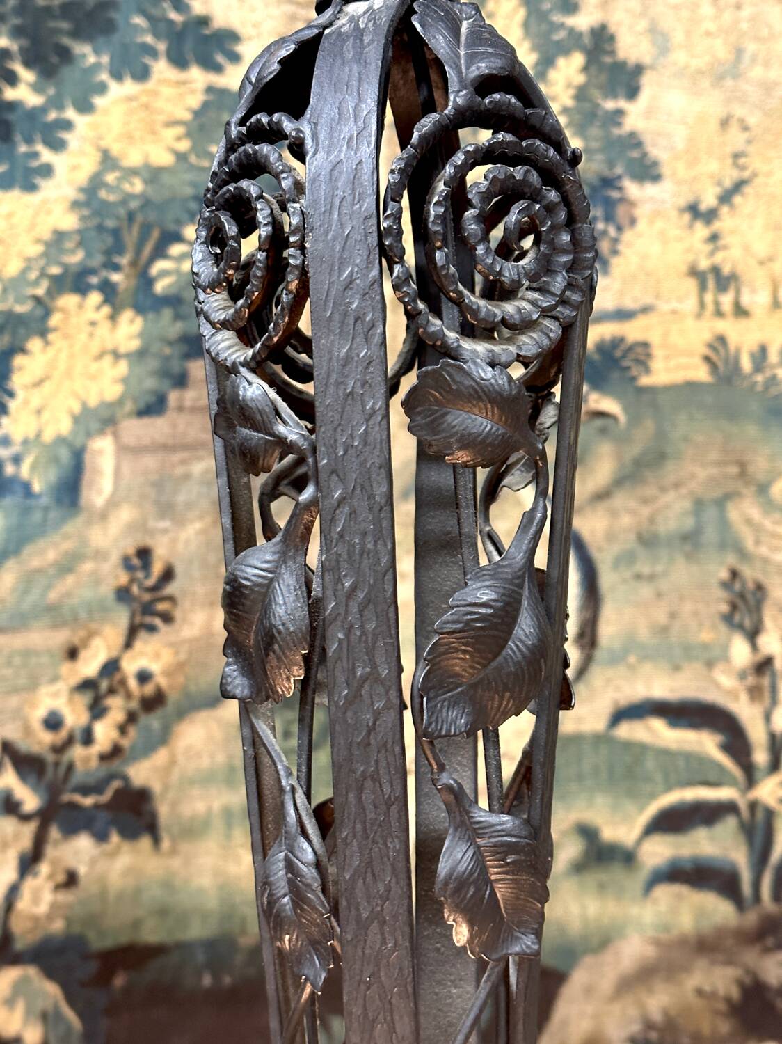 Degué - art deco period molded glass and wrought iron chandelier