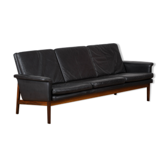 Finn Juhl black leather and rosewood sofa, model no 218 "Jupiter"