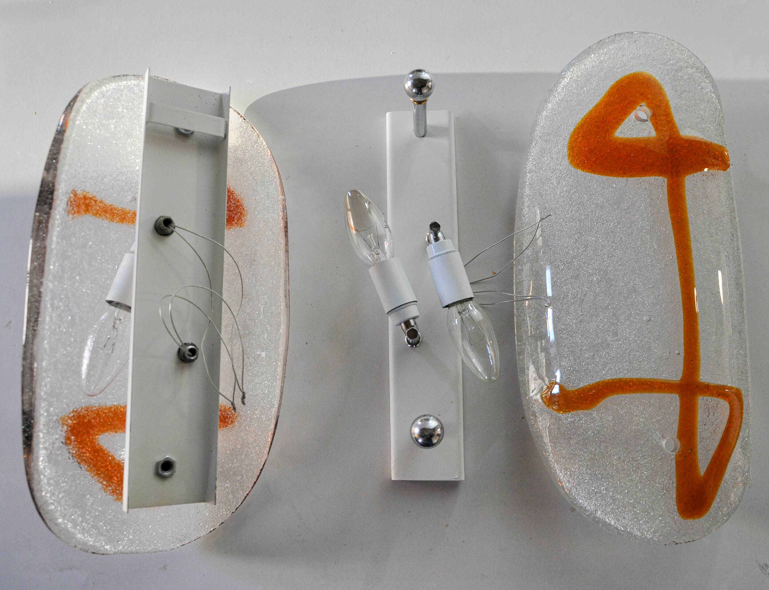 Pair of XL wall lights by Murano Mazzega in orange frosted glass Italy 1970