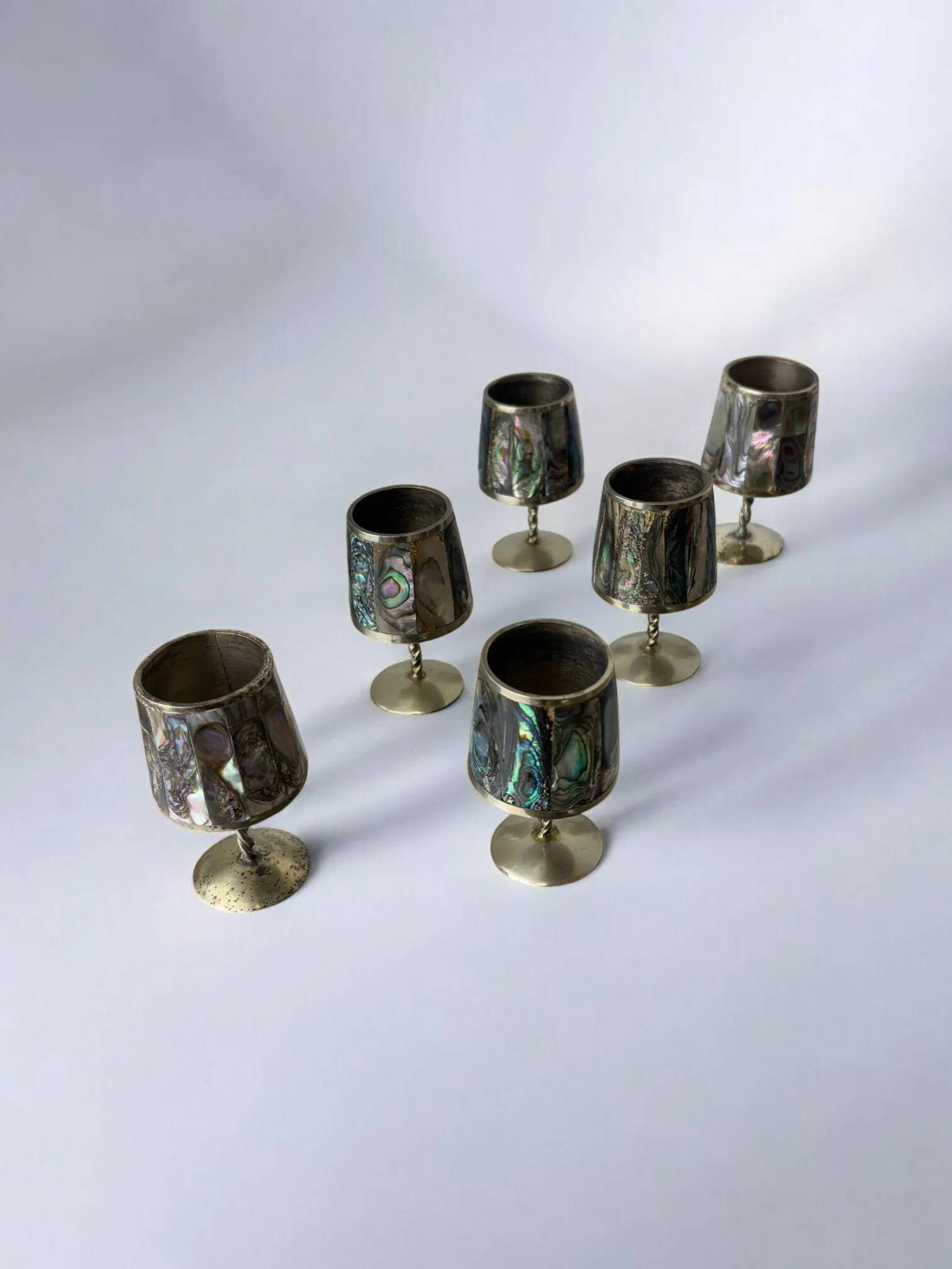 Abalone shell & alpaca shot glasses, set of 6, Mexico, 1970s