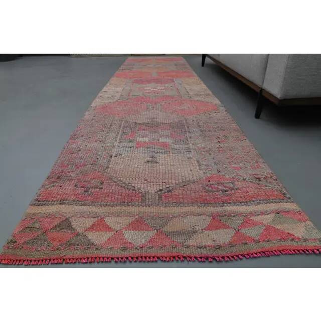 1970s Vintage Turkish Oushak Handmade Wool Cotton Pink Runner Rug 90x365