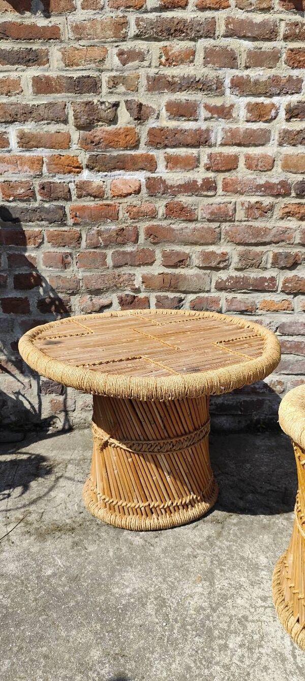 Table basse et tabouret en bambou et corde tressée