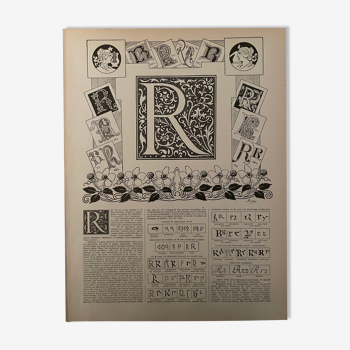 Lithographie gravure alphabet lettre R de 1897