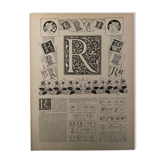 Lithographie gravure alphabet lettre R de 1897