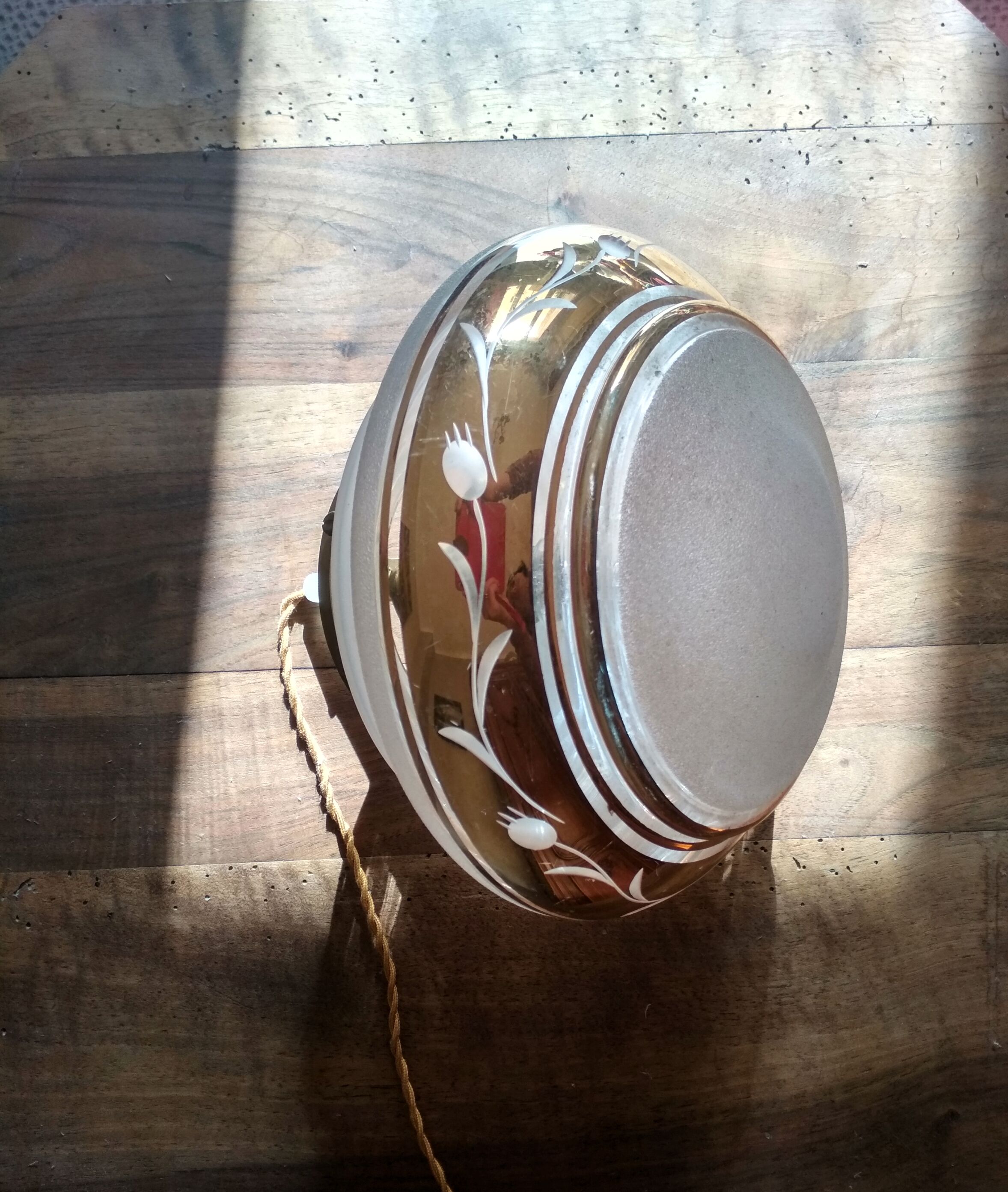 White and gold opaline globe hanging lamp 1950