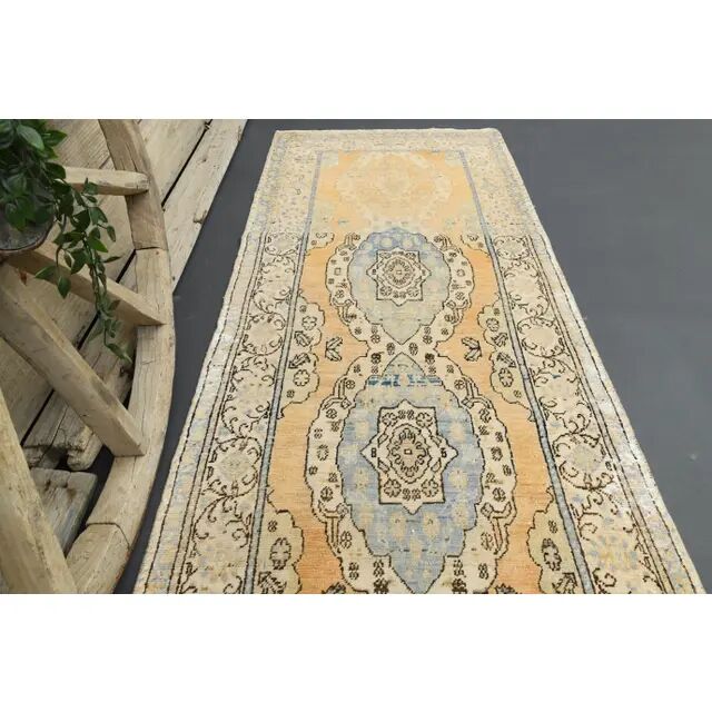 1970s Turkish Oushak Handmade Wool Cotton Orange Runner 90x292