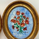 Peintures sur panneau isorel (39*33)signes cadre doré ovale bouquets de fle