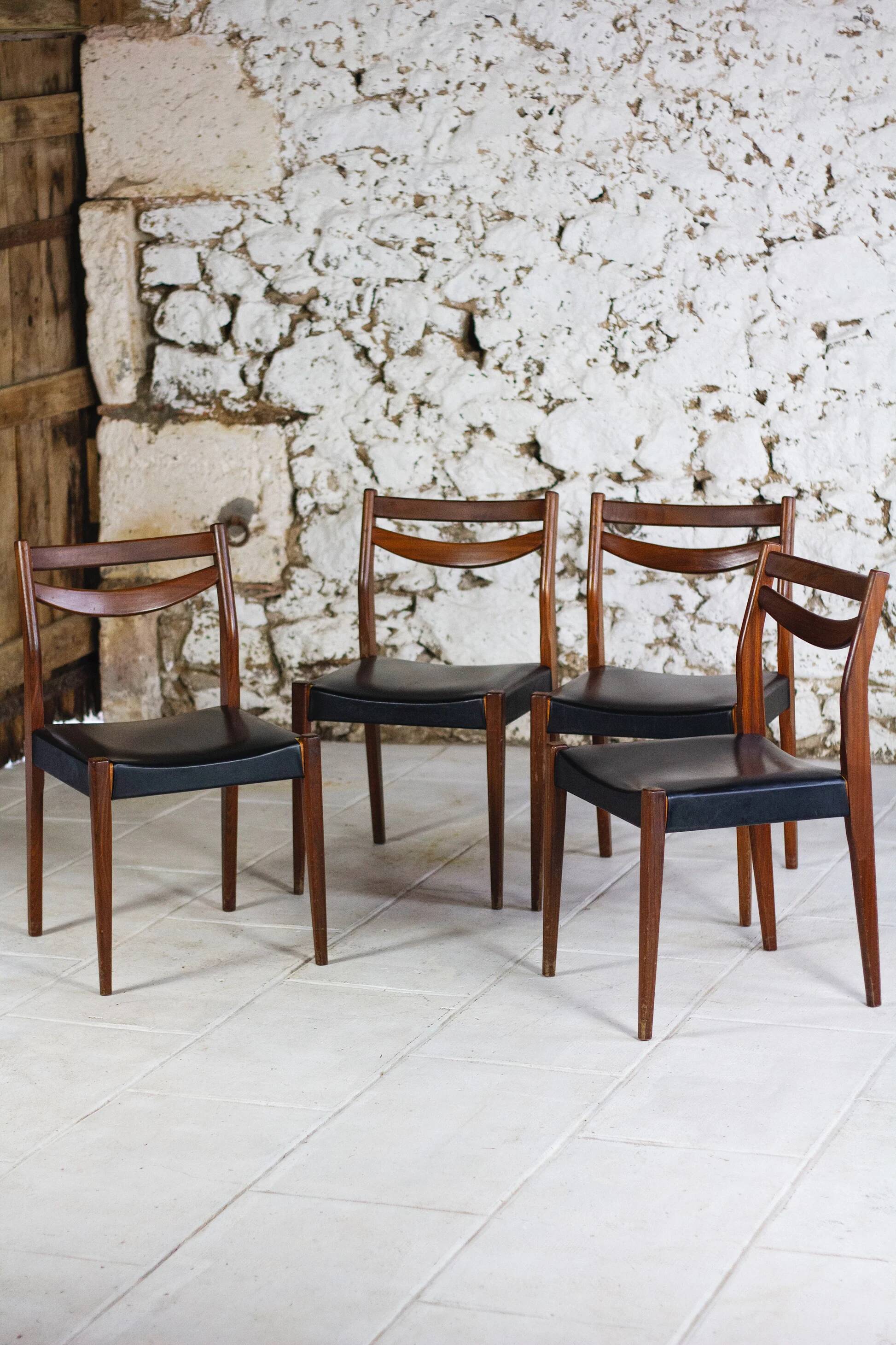 4 vintage Scandinavian chairs in teak and imitation leather, 1960