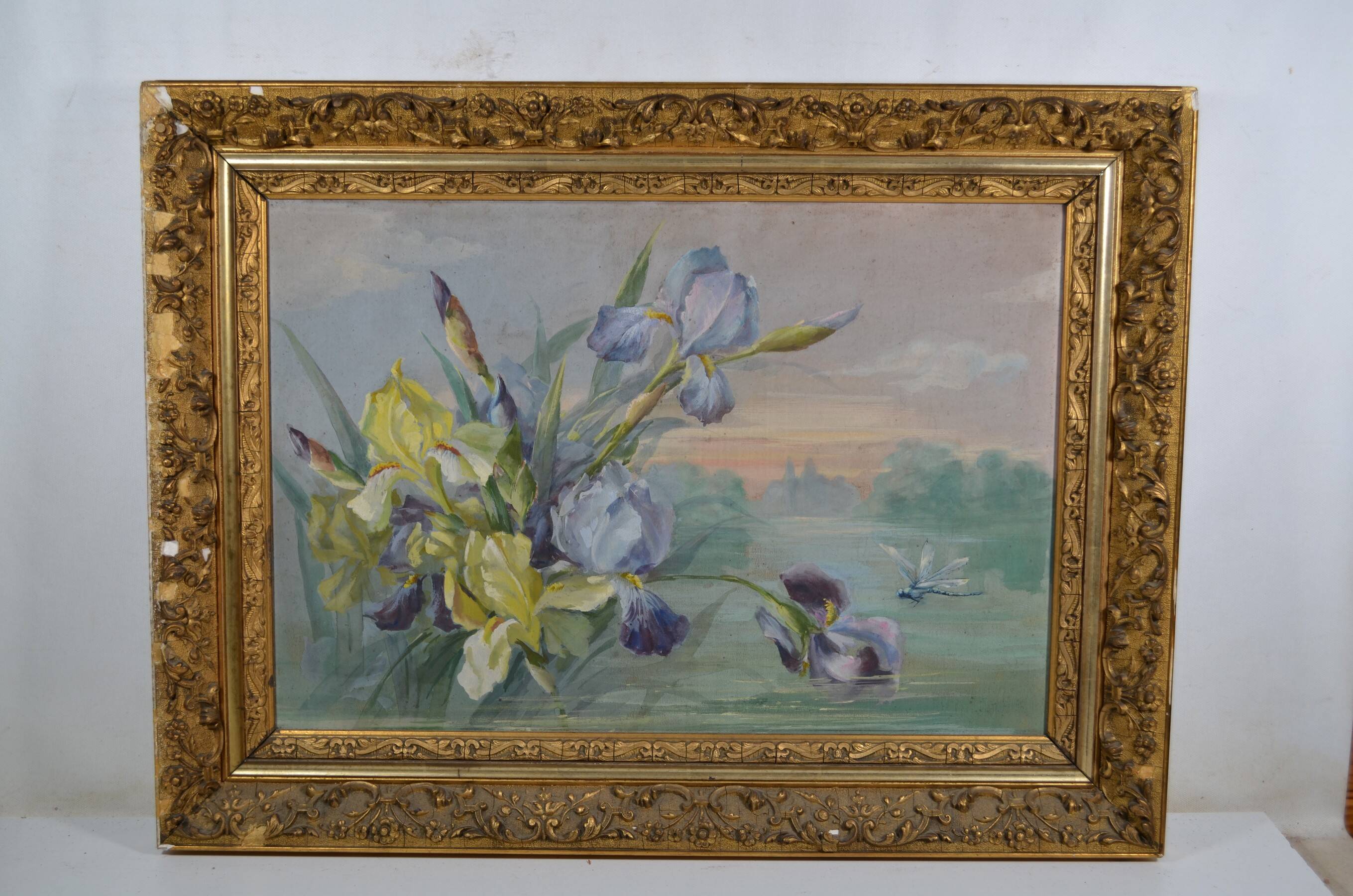 French School circa 1900 “Irises and dragonflies” Painted silk.