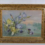 French School circa 1900 “Irises and dragonflies” Painted silk.