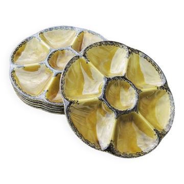 6 Anciennes Assiettes à Huitres en Céramique Verte de Gien