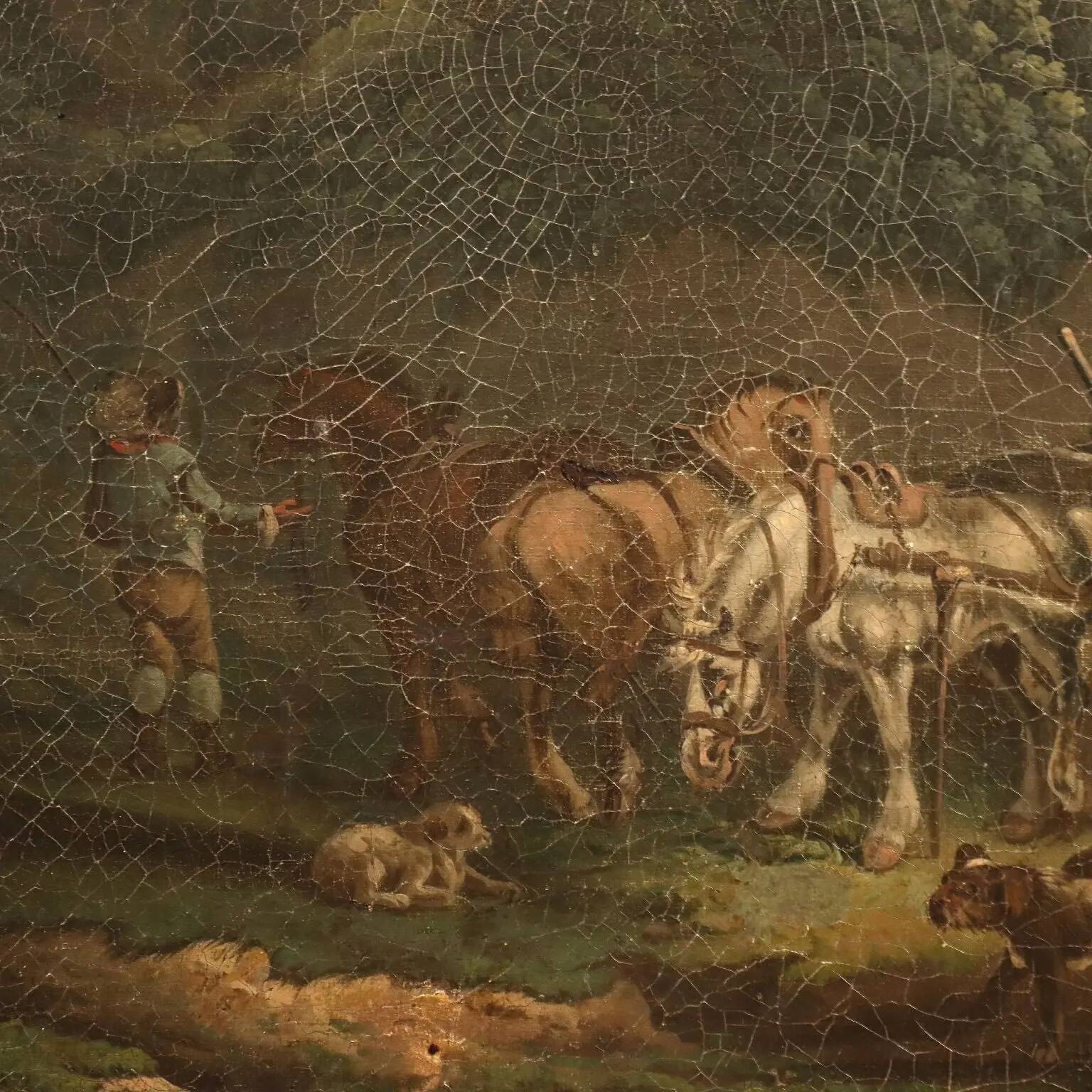 Old painting of a landscape with peasants, oil on canvas, Europe '800.