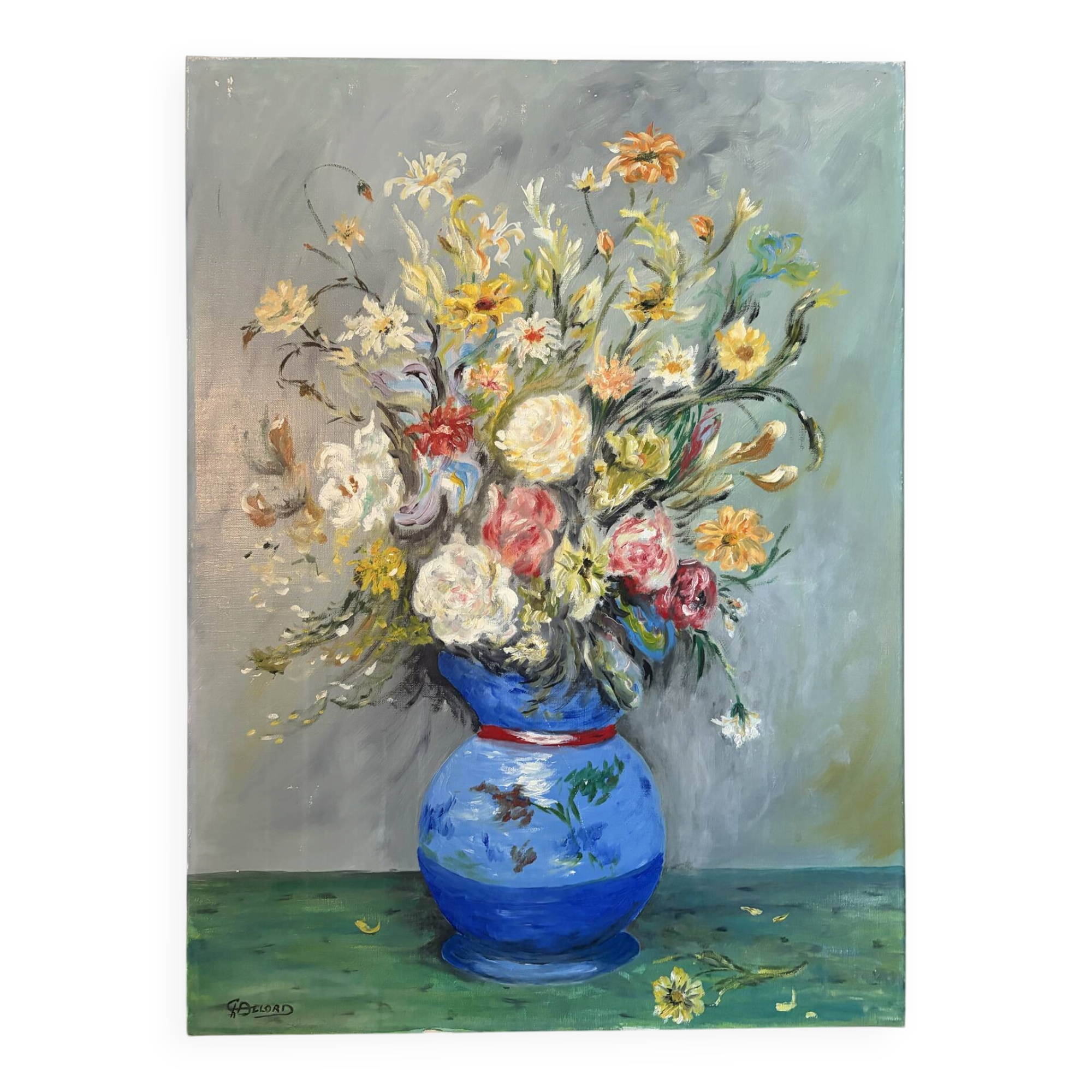 Bouquet in a blue vase, oil on canvas signed