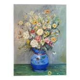 Bouquet en vase bleu, huile sur toile signée