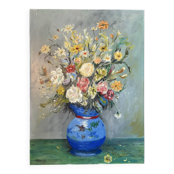 Bouquet en vase bleu, huile sur toile signée