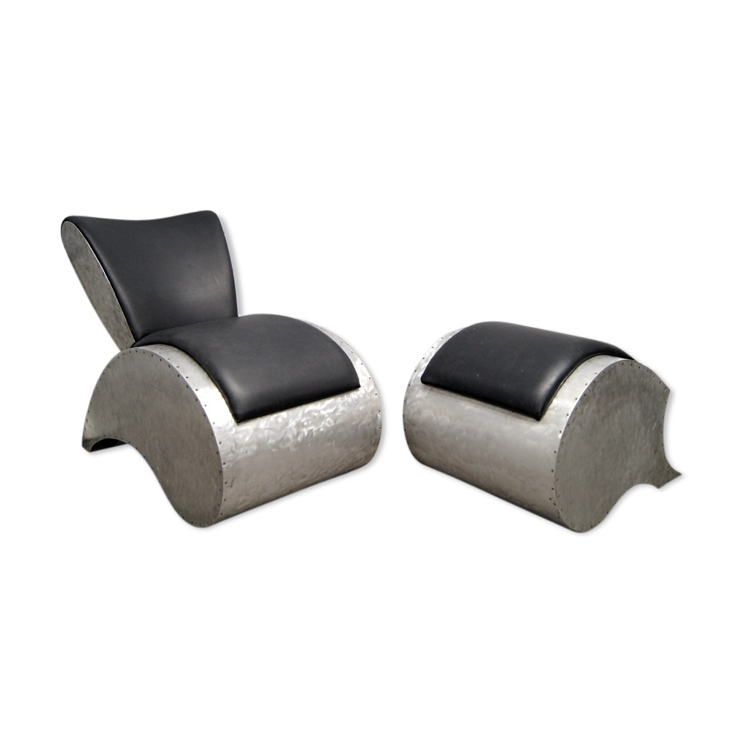 Industrial aluminum & vinyl lounge chair with footrest, 1970s