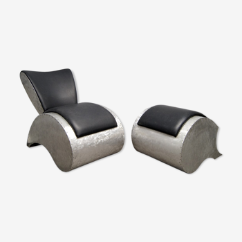 Chaise de salon en aluminium industriel et en vinyle avec repose-pieds, années 1970