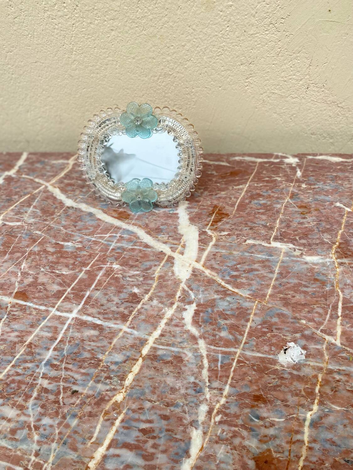 Venetian Murano mirror to stand or hang with blown flower decoration and friezes