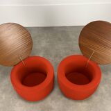 Pair of space age side tables, red velvet from the 70s