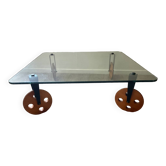 Table basse des années 80 en verre et teck