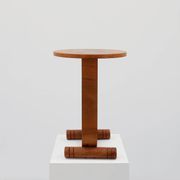 Art deco oak wooden round side table with bended leg, France 1920s