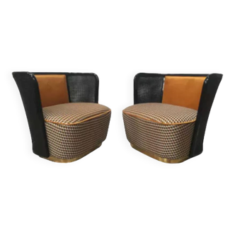 Pair of armchairs in black lacquered wood, canework and velvet