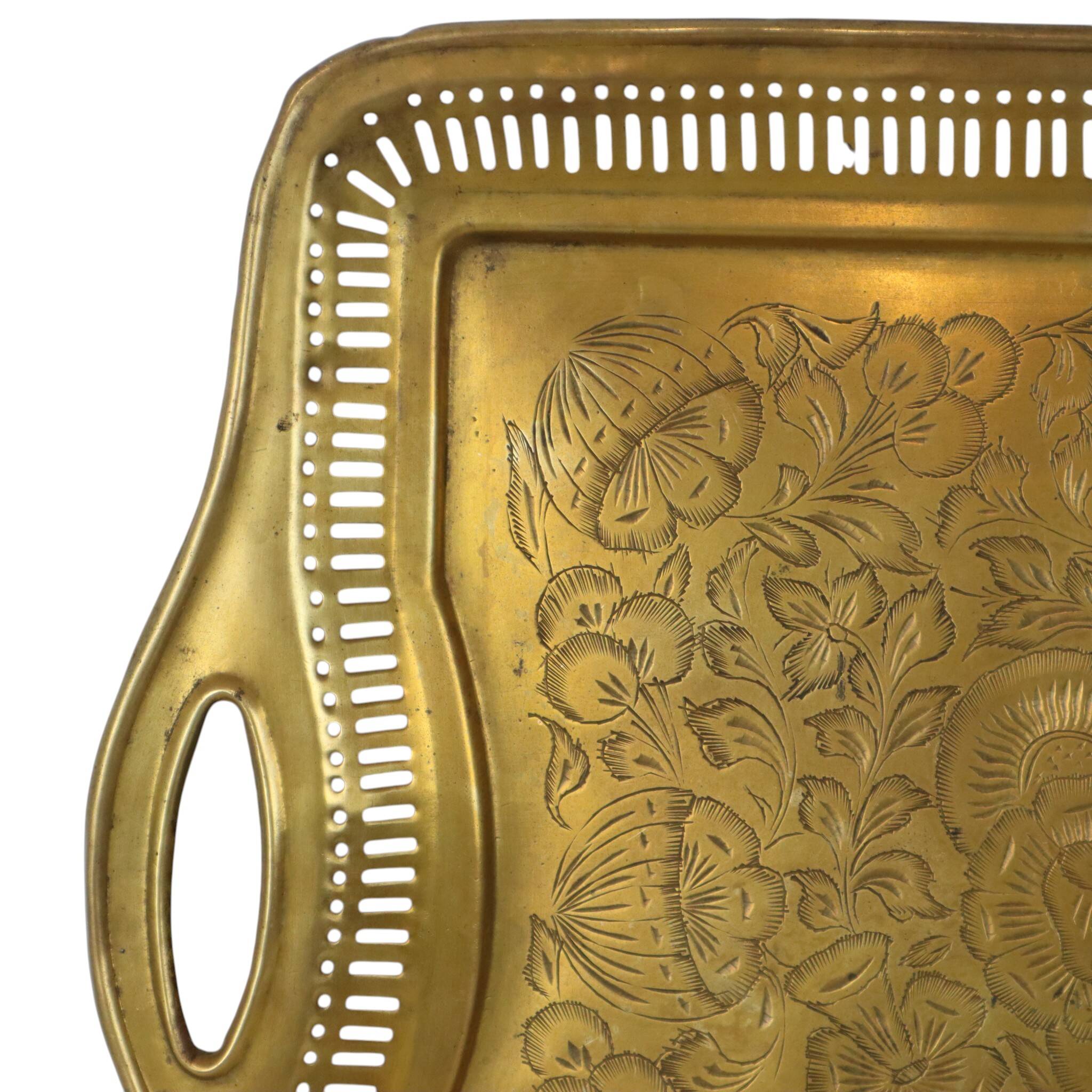 Vintage Oriental Brass Tray with Floral Decoration, 50 cm