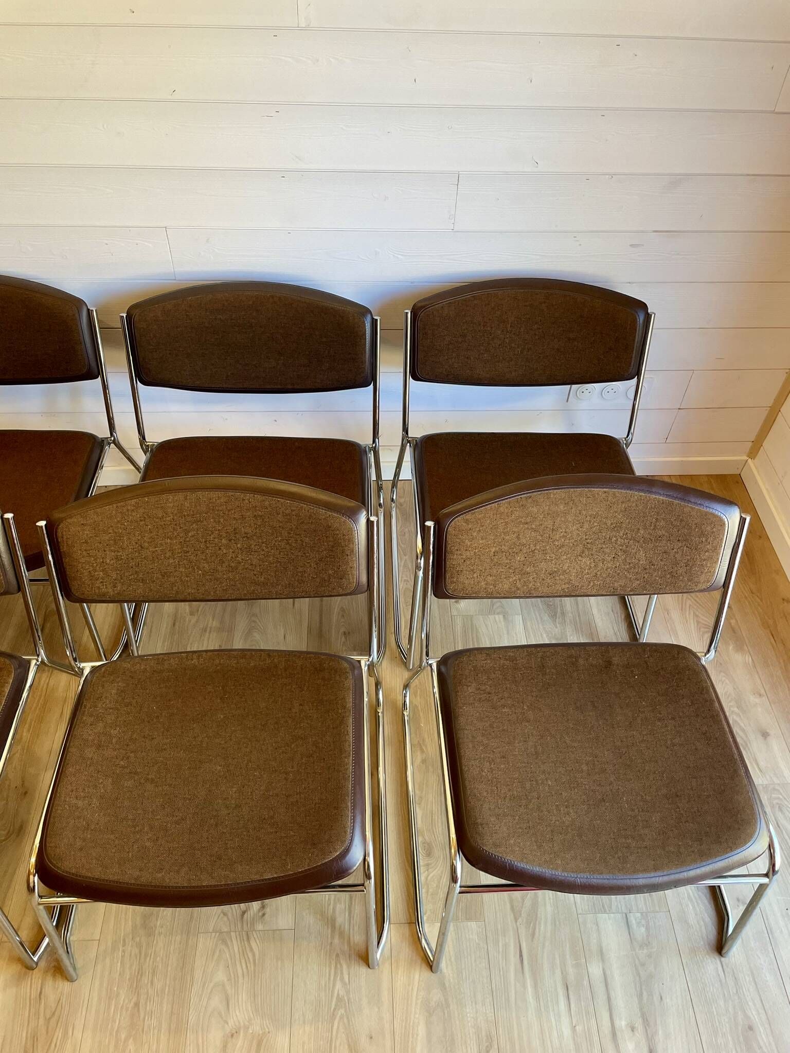 6 chrome sled armchairs Soudexvinyl brown vintage Skaï 70s
