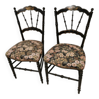 Pair of antique chairs, Napoleon III, blackened wood, reupholstered