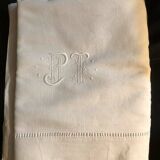 Antique embroidered linen-cotton sheet with monogram PJ T and Venice lace pattern