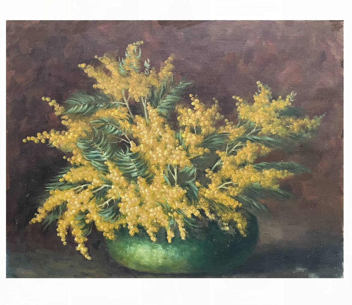 Still life painting with mimosa in the spirit of Kisling