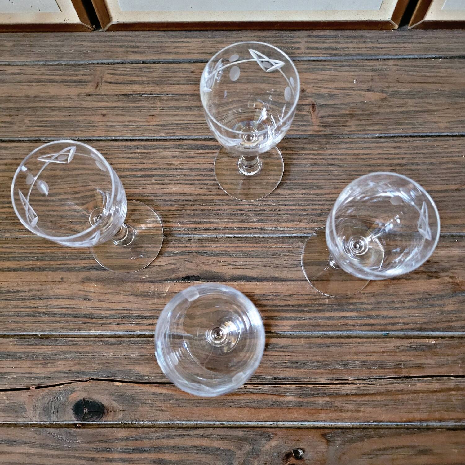 Antique liqueur (digestif) glasses in engraved crystal, geometric decoration