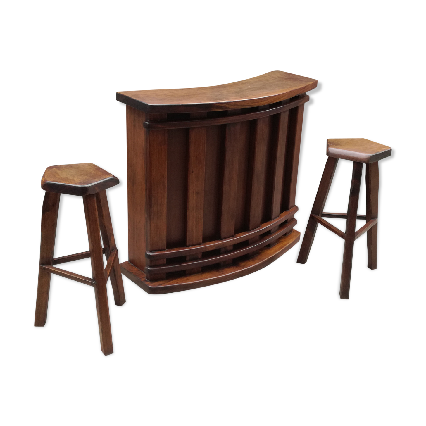 Bar and 2 brutalist stools in massive elm circa 1960