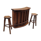 Bar and 2 brutalist stools in massive elm circa 1960
