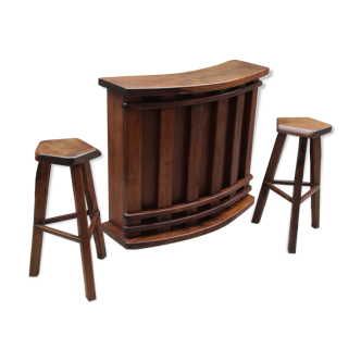 Bar and 2 brutalist stools in massive elm circa 1960