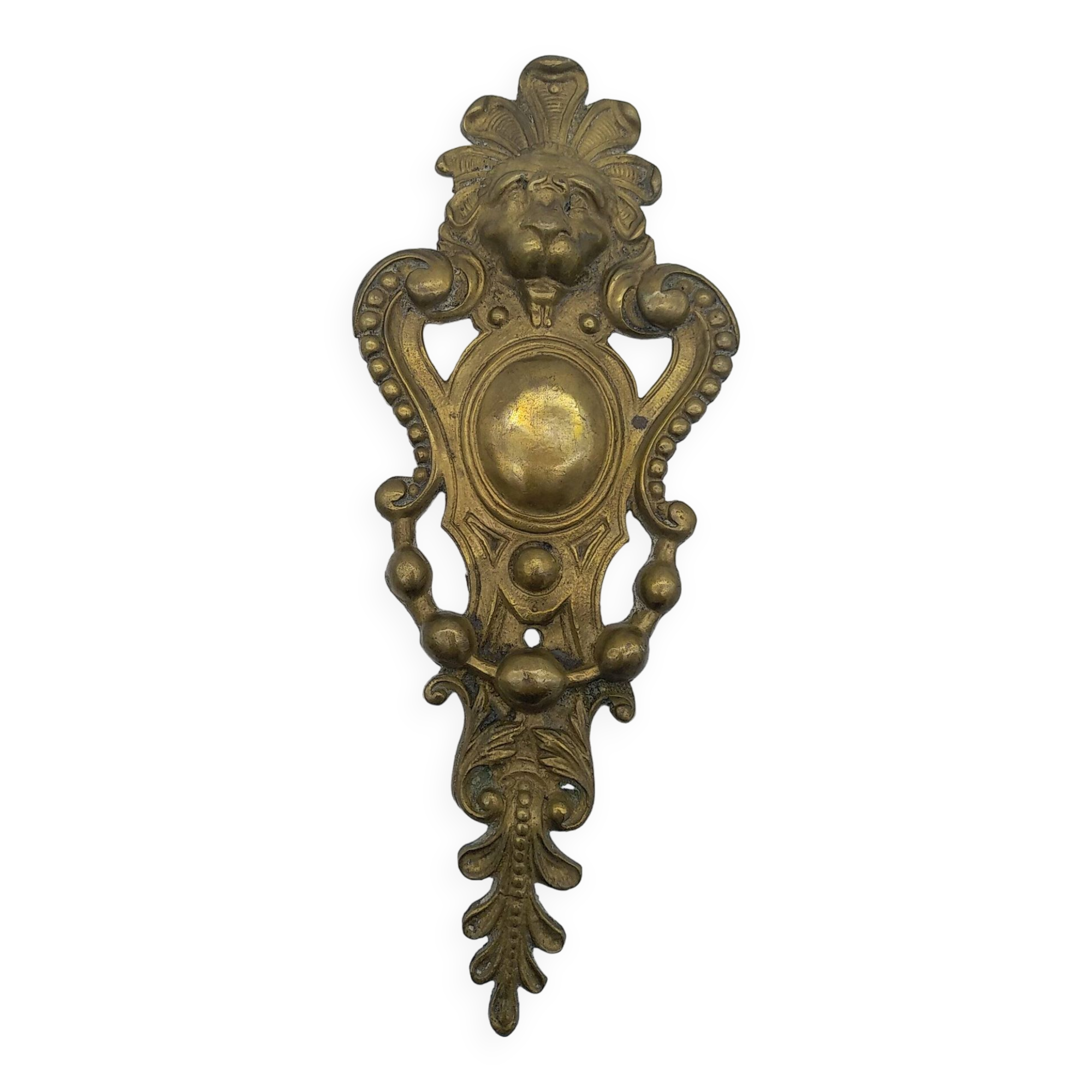Brass lion head. Furniture decoration, leftover knocker or large nail cover?