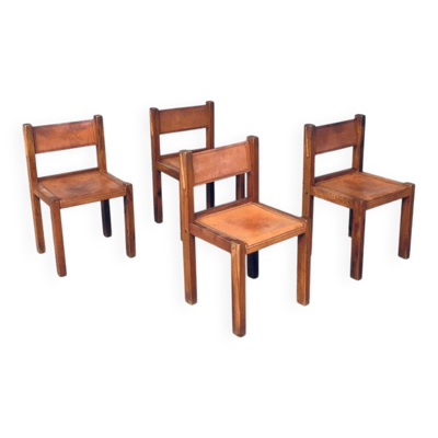 Elm & Cognac Leather Dining Room Chairs Set in the style of Pierre Chapo, Italy, 1960s, Set of 4
