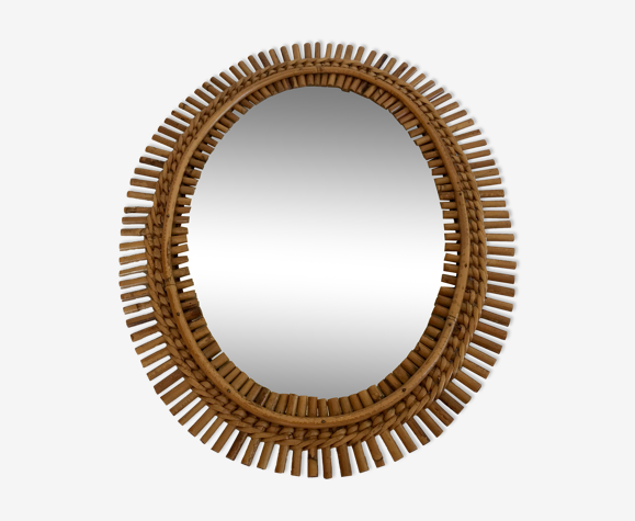 Oval rattan mirror, italy 1960 46x57cm